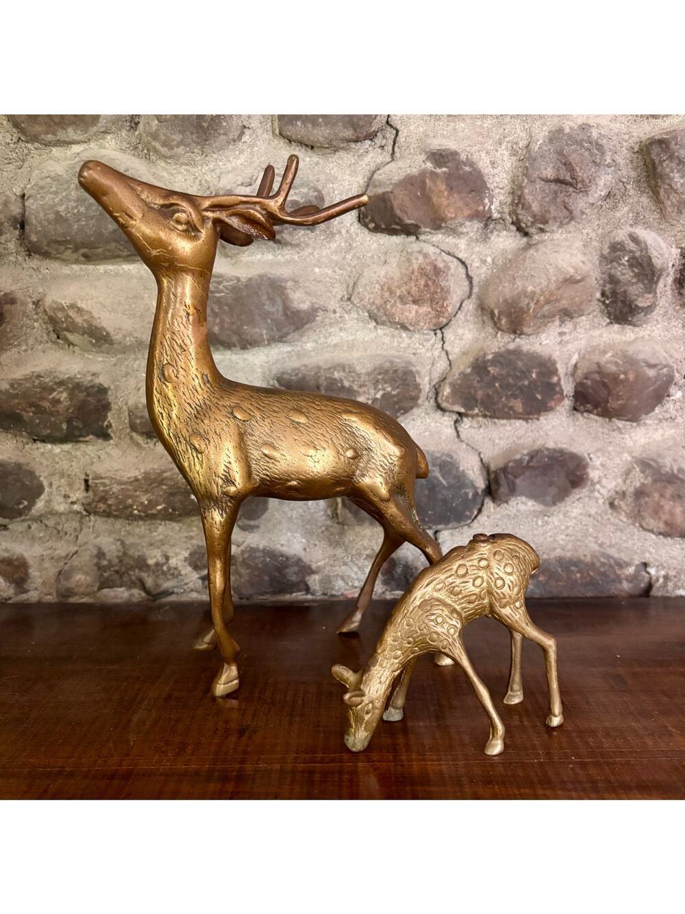Vintage Solid Brass Pair of Deer - Buck & Fawn - 10" and 4" MCM Cabin Christmas